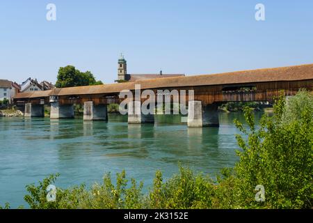 Germany, Baden-Wurttemberg, Bad Sackingen, Medieval Holzbrucke bridge stretching over river Rhine Stock Photo