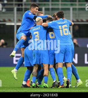 Milan, Italy. 23rd Sep, 2022. Italy's players celebrate a goal during the League A Group 3 match against England at the 2022 UEFA Nations League in Milan, Italy, Sept. 23, 2022. Credit: Federico Tardito/Xinhua/Alamy Live News