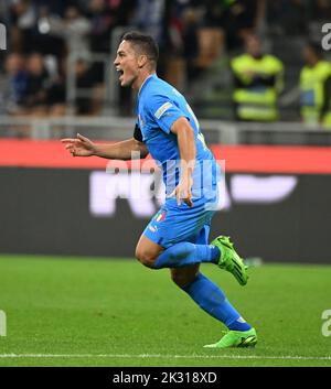 Milan, Italy. 23rd Sep, 2022. Italy's Giacomo Raspadori celebrates his goal during the League A Group 3 match against England at the 2022 UEFA Nations League in Milan, Italy, Sept. 23, 2022. Credit: Federico Tardito/Xinhua/Alamy Live News