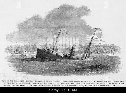 War on the Mississippi - The last broadside of the Varuna - Commander Charles Stewart Boggs firing the last three guns of the National gunboat Varuna as she sinks - The wounded had been removed, but the dead go down with the vessel, the old flag flying over them. April 24th, 1862. 19th century American Civil War illustration from Frank Leslie's Illustrated Newspaper Stock Photo