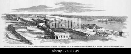 Occupation of Norfolk, Virginia - Bird's eye view of the ruins of the Navy Yard at Gosport, evacuation by Commander Charles Stewart McCauley, commanding, April 21st, 1861, abandoned and burnt by the Rebels on May 11th, 1862. 19th century American Civil War illustration from Frank Leslie's Illustrated Newspaper Stock Photo