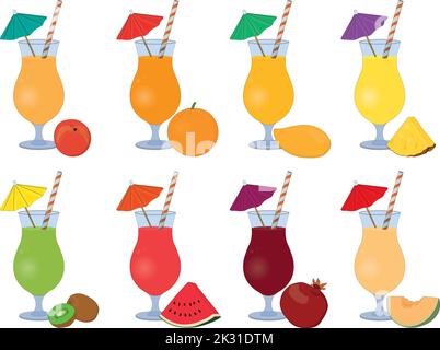 Fresh juice cocktails collection in high glass with drinking straw and cocktail umbrella vector illustration Stock Vector