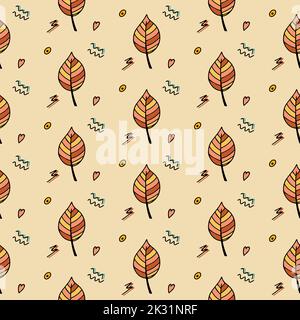Autumn leaves in doodle style. Seamless illustration. Hello, Autumn. For textile, background or screensaver. Vector Stock Vector