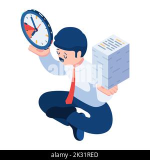 Flat 3d Isometric Businessman trying to Balance Time and Work. Work Life Balance and Time Management Concept. Stock Vector
