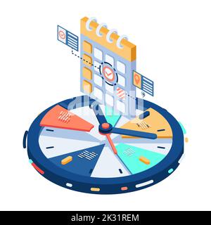 Time Management Concept. Flat 3d Isometric Clock divided into Parts with Calendar on Top. Stock Vector
