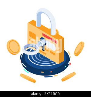 Flat 3d Isometric Credit Card Protected by Key and Lock. Financial Security Concept. Stock Vector