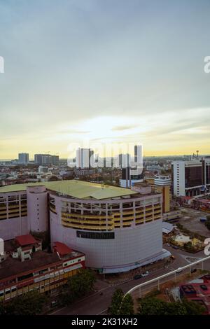 Aerial photo of Melaka City in Malaysia during sunset facing Strait of Malacca Stock Photo