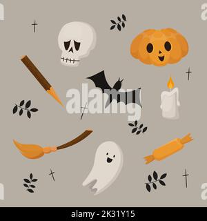 collection of Halloween themed items candle skull ghost pumpkin aspen stake broom bat and candy Stock Vector