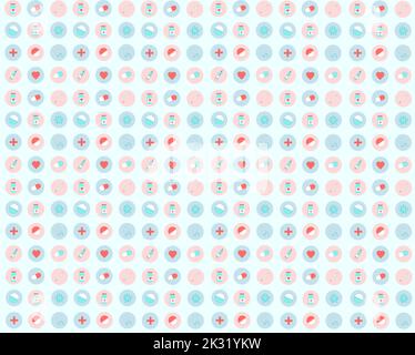 medical pattern virus tablet tonometer thermometer syringe bottle circle pink blue Stock Vector