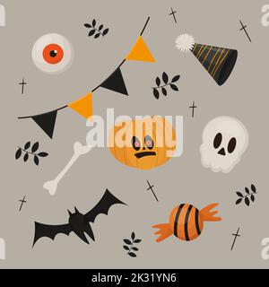 Halloween themed items collection bat pumpkin garland eyeball skull candy and party hat Stock Vector