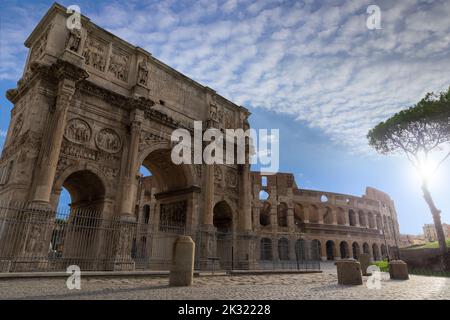 The Arch of Constantine and the Colosseum in Rome, Italy. Stock Photo