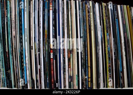 Colorful vinyl LP record spines collection Stock Photo