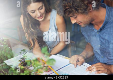 Working through the chapter together. a young couple studying together in a coffee shop. Stock Photo