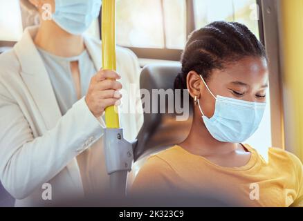 Covid, health black woman travel on bus smiling, social distancing for safety in pandemic virus. Happy women diversity of people on car transport Stock Photo