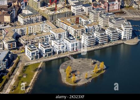 Aerial view, commercial buildings with construction site and culture island at Phoenix lake, Hörde, Dortmund, Ruhr area, North Rhine-Westphalia, Germa Stock Photo