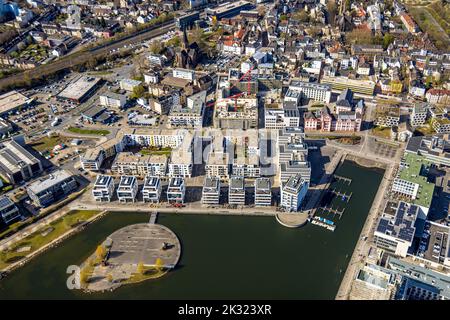Aerial view, commercial buildings with construction site and culture island at Phoenix lake, Hörde, Dortmund, Ruhr area, North Rhine-Westphalia, Germa Stock Photo