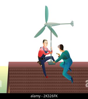 Workers work on roof. Two working windmills on roof. Electricity generator. Renewable alternative energy. Electricity from the wind. Service illustrat Stock Vector