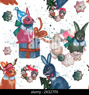 Watercolor New Year 2023 seamless pattern with colored rabbits and Christmas accessories. Christmas bunny seamless pattern. Winter snow bunnies print Stock Photo