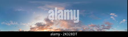 Dark blue sunset sky panorama with pink Cumulus clouds. Seamless hdr 360 panorama in spherical equirectangular format. Full zenith for 3D Stock Photo
