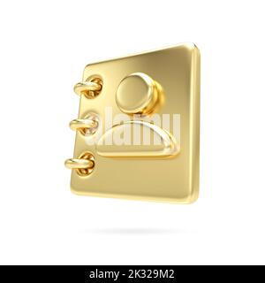Gold Address book icon. 3d contact note isolate on white background. Phone book, contacts book or notebook. Contact information, business partners, di Stock Photo
