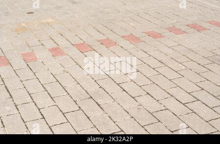 Gray paving stones with moss in the joints. The pavement from the perspective. Stock Photo
