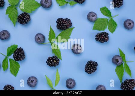 blackberries and blueberries on a blue background, close-up, top view.  Stock Photo