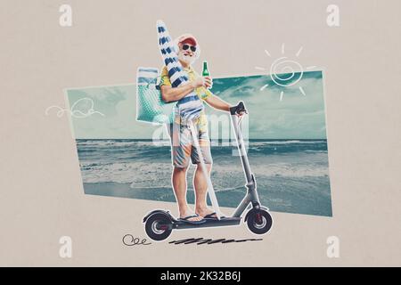 Funny happy senior tourist riding an electric scooter and going to the beach, vintage poster design Stock Photo