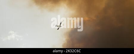 Firefighting plane flying into a large cloud of smoke caused by a forest fire Stock Photo