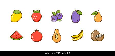 Flat fruit icon lemon vector strawberry tropical coconut quince watermelon plum sign. Stock Vector