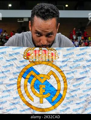 Barcelona, Spain. 23rd Sep, 2022. Morocco fan with Real Madrid flag during the international friendly match between Morocco and Chile played at RCDE Stadium on September 23, 2022 in Barcelona, Spain. (Photo by Bagu Blanco / PRESSIN) Credit: PRESSINPHOTO SPORTS AGENCY/Alamy Live News Stock Photo