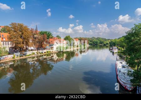 Halle (Saale): river Saale, district Kröllwitz, restaurant 'Krug zum Grünen Kranze' in , Sachsen-Anhalt, Saxony-Anhalt, Germany Stock Photo