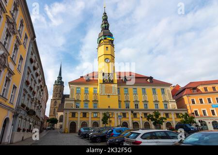 Bautzen: square Hauptmarkt, Town Hall, Cathedral in Oberlausitz, Upper Lusatia, Sachsen, Saxony, Germany Stock Photo