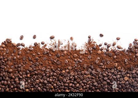 Сoffee beans mixed with ground beans with a space for text Stock Photo