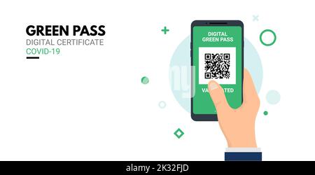 Green pass phone corona vaccine certificate approval digital background. Cell Europe corona pass qr smartphone scan certificate. Stock Vector