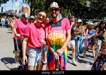 Brisbane, Australia. 24th Sep, 2022. Marchers pose for a picture at the culmination during the Brisbane Pride March. LGBT community members and allies marched through Brisbane's West End to Musgrave Park as part of the Brisbane Pride Festival, following two years of delays due to the COVID 19 pandemic. Brisbane Pride has celebrated and supported the LGBTIQ  community for over thirty years. (Photo by Joshua Prieto/SOPA Images/Sipa USA) Credit: Sipa USA/Alamy Live News Stock Photo