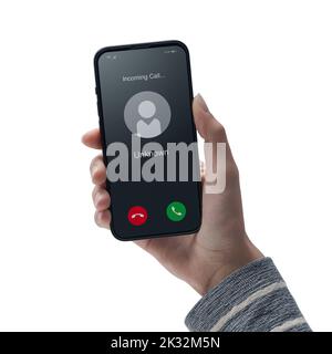 Woman receiving a call on her smartphone from an unknown number, Isolated on white background Stock Photo