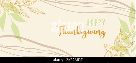 Happy Thanksgiving. Greeting card banner with doodle twig, abstract background boho style. Vector illustration Stock Vector