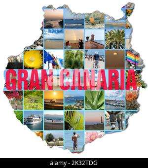 Collage of Gran Canaria photos on map view of Gran Canaria, white background and 'Gran Canaria' text. Stock Photo