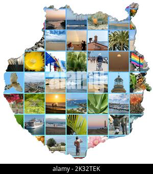 Collage of Gran Canaria photos on map view of Gran Canaria, white background. Stock Photo