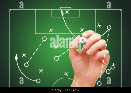 Football soccer coach drawing game playbook, strategy and tactics with white marker on transparent wipe board. Stock Photo