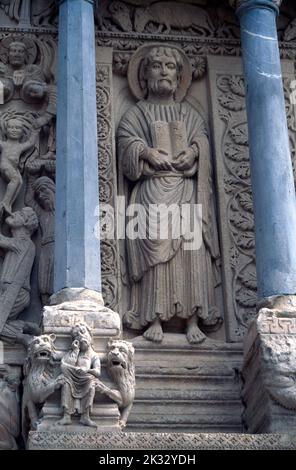 Arles France Church of St Trophime with  St James The Greater Statue On The Facade Important Pilgrimage Site Starting Point of the Via Tolosana to San Stock Photo