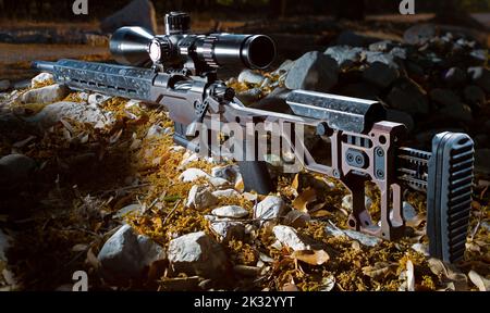 Precision bolt action rifle that is adjustable with riflescope outdoors Stock Photo