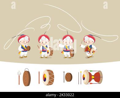 Korean traditional musical instrument, dance samulnori, pungmul, performer character, design set Stock Vector
