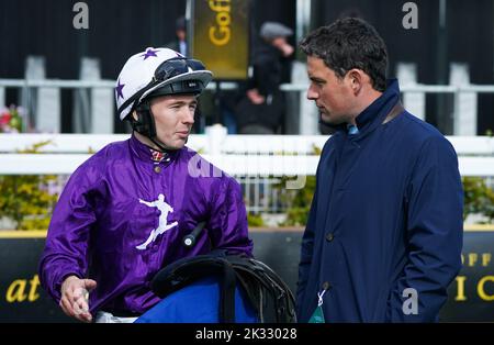 Jockey Colin Keane (left) with Trainer Michael O’Callaghan following victory on day one of the Autumn Festival at Curragh Racecourse in Newbridge, Ireland. Picture date: Saturday September 24, 2022. Stock Photo