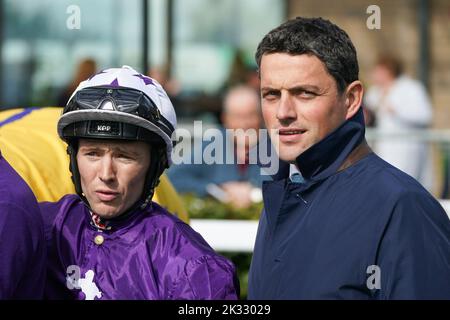 Jockey Colin Keane (left) with Trainer Michael O’Callaghan following victory on day one of the Autumn Festival at Curragh Racecourse in Newbridge, Ireland. Picture date: Saturday September 24, 2022. Stock Photo