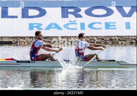 Racice, Czech Republic. 24th Sep, 2022. Jaime Canalejo Pazos, Javier Garcia Ordonez of Spain compete in the Men's Pair Final A during Day 7 of the 2022 World Rowing Championships at the Labe Arena Racice on September 24, 2022 in Racice, Czech Republic. Credit: Ondrej Hajek/CTK Photo/Alamy Live News Stock Photo