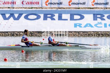 Racice, Czech Republic. 24th Sep, 2022. Jaime Canalejo Pazos, Javier Garcia Ordonez of Spain compete in the Men's Pair Final A during Day 7 of the 2022 World Rowing Championships at the Labe Arena Racice on September 24, 2022 in Racice, Czech Republic. Credit: Ondrej Hajek/CTK Photo/Alamy Live News Stock Photo