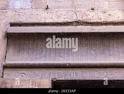 entrance showing detail of  hieroglyphs on reused Pharaonic lintel, Khanqah of Shaykhu, 1355, Cairo Stock Photo