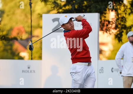 Collin Morikawa hits his tee shot on the 12th hole during the first ...