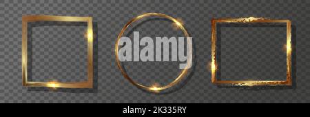 Shiny glowing golden frames. Decorative geometric metal frames made of gold. Transparent background. Vector illustration. Stock Vector